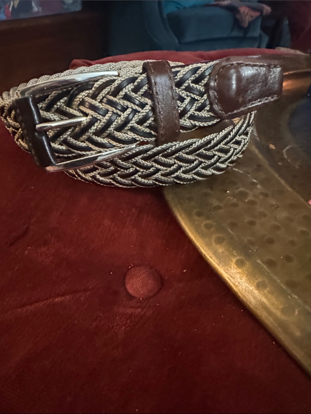 Woven Silver and Brown Braided Men’s Belt with Leather Trim